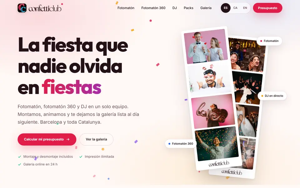 Home page of the Confetti Club photo booth and DJ website