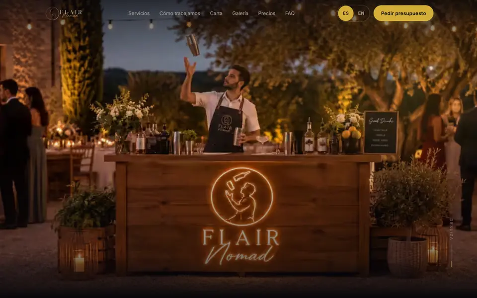 Home page of the Flair Nomad mobile bar website