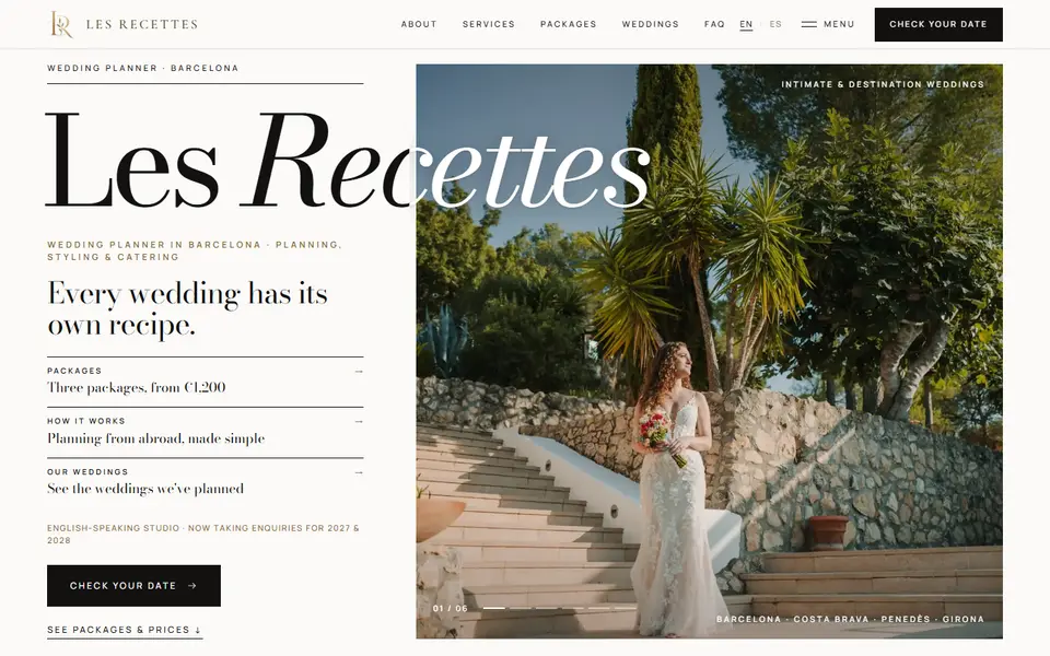 Home page of the Les Recettes wedding planning website
